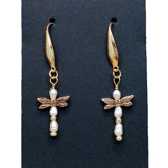Pearl Dragonfly Earrings NEW Artisan Made Dangle Gold Tone Wings Beaded Formal - Picture 1 of 8